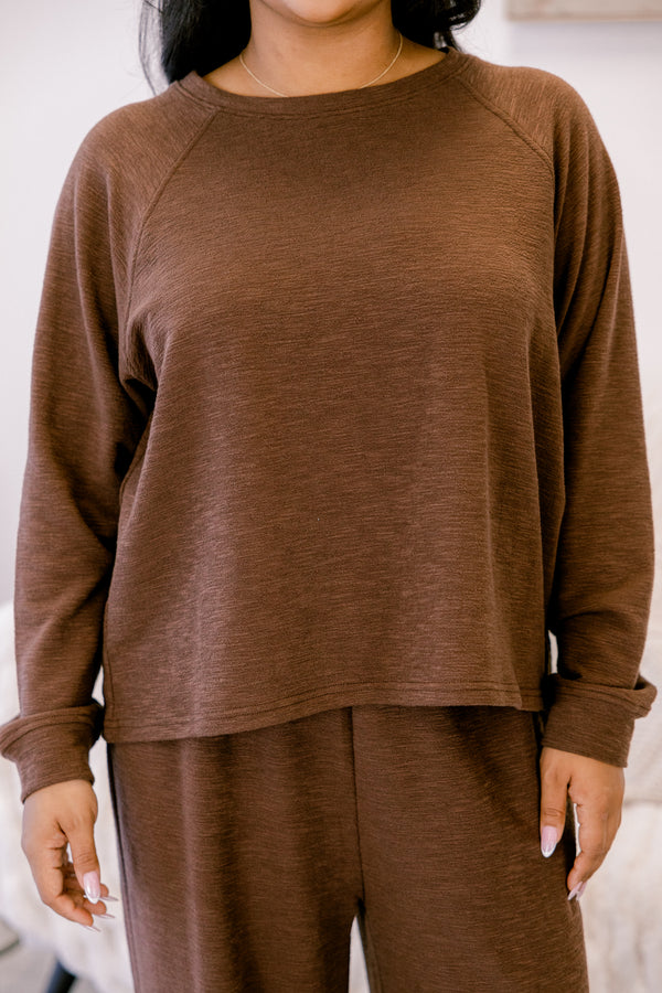 Chic Soul plus size clothing, brown long sleeve and lounge wide leg pants matching set