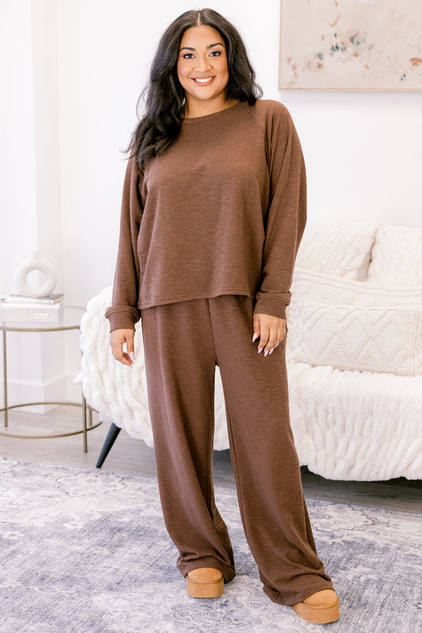 Chic Soul plus size clothing, brown long sleeve and lounge wide leg pants matching set