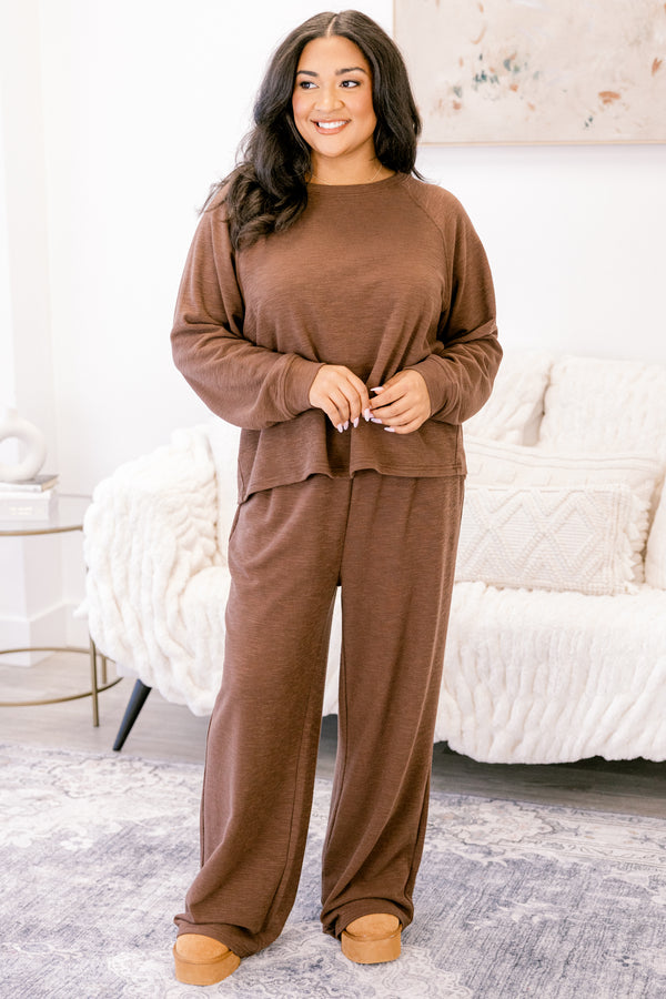 Chic Soul plus size clothing, brown long sleeve and lounge wide leg pants matching set