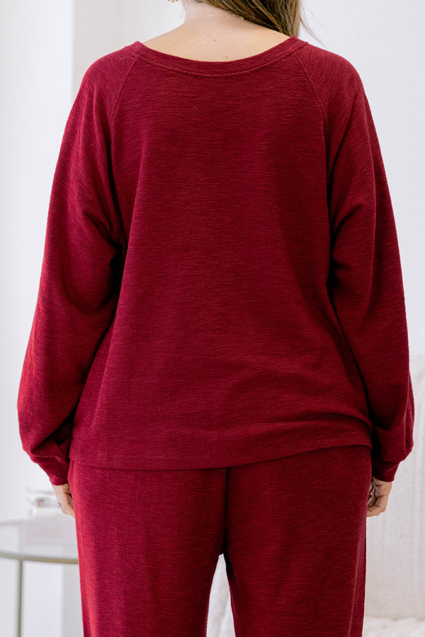 Chic Soul plus size clothing, cabernet colored set with pats and a long sleeve top 