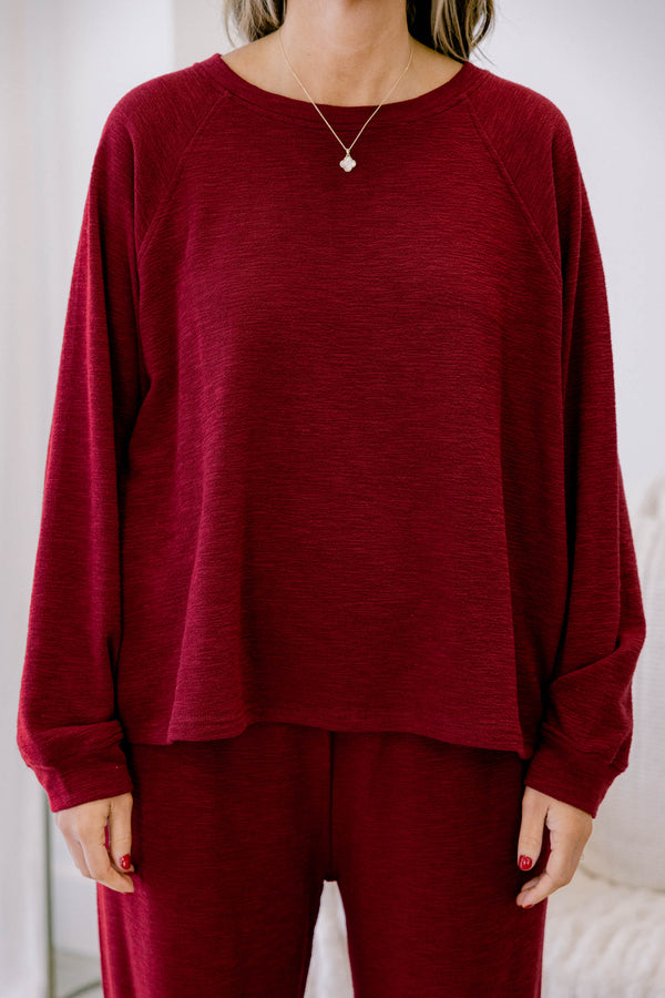 Chic Soul plus size clothing, cabernet colored set with pats and a long sleeve top 