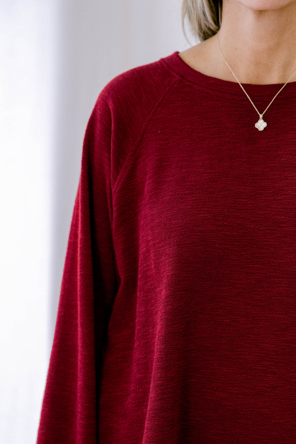 Chic Soul plus size clothing, cabernet colored set with pats and a long sleeve top 