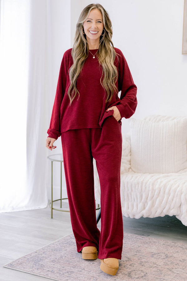 Chic Soul plus size clothing, cabernet colored set with pats and a long sleeve top 