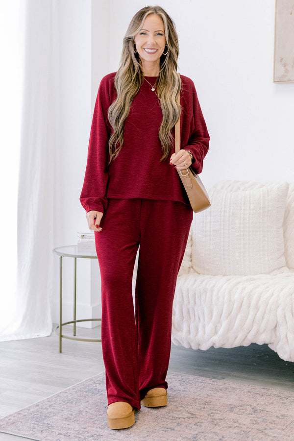 Chic Soul plus size clothing, cabernet colored set with pats and a long sleeve top 