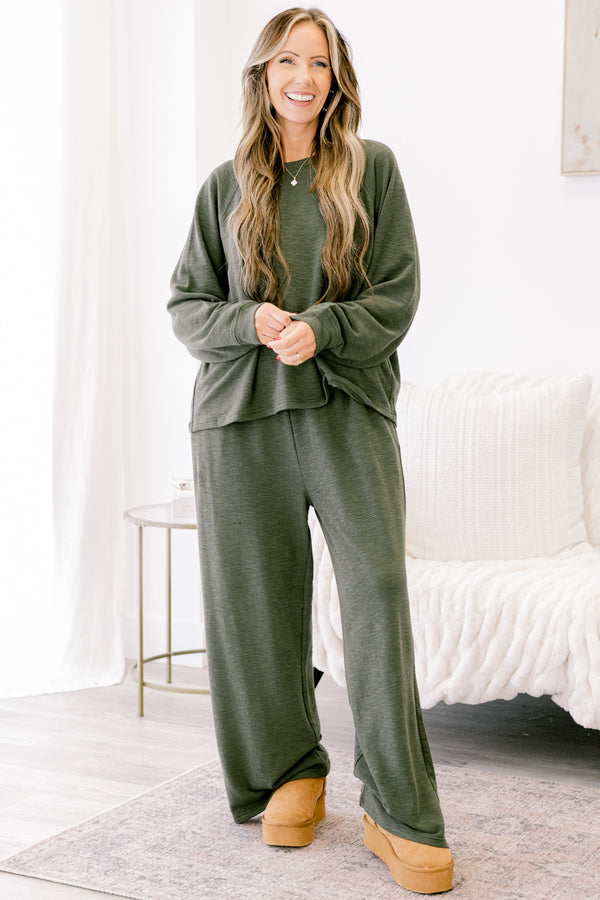 Chic Soul plus size clothing, dark olive set with pants and a long sleeve top 