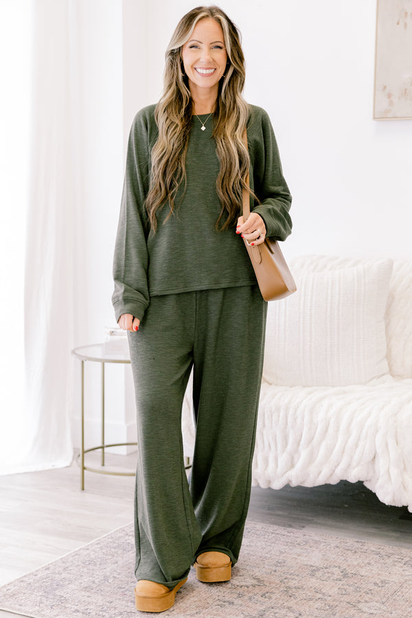 Chic Soul plus size clothing, dark olive set with pants and a long sleeve top 