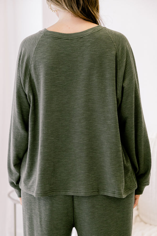 Chic Soul plus size clothing, dark olive set with pants and a long sleeve top 