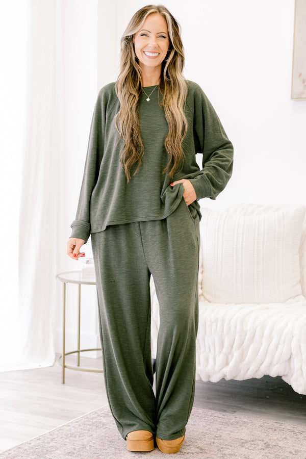 Chic Soul plus size clothing, dark olive set with pants and a long sleeve top 