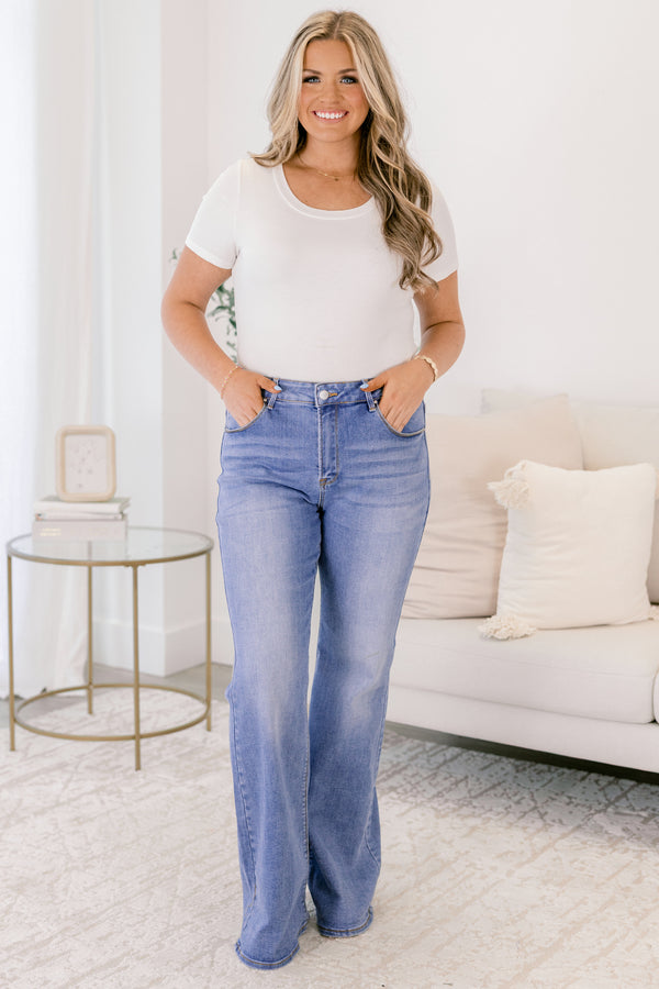 Chic Soul plus size clothing, medium wash boot cut denim