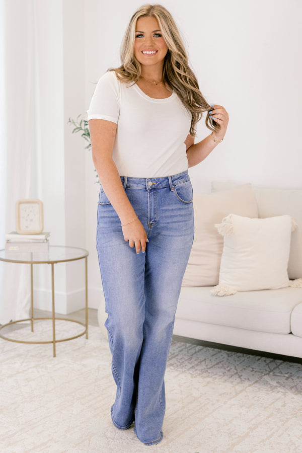 Chic Soul plus size clothing, medium wash boot cut denim