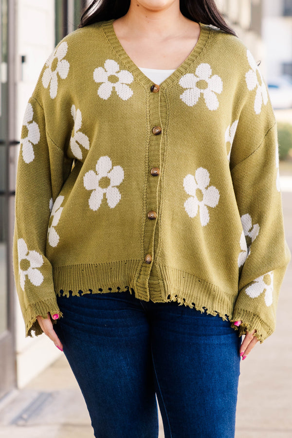 Chic Soul plus size clothing, olive green knitted button down cardigan with white floral pattern and distressed hemline