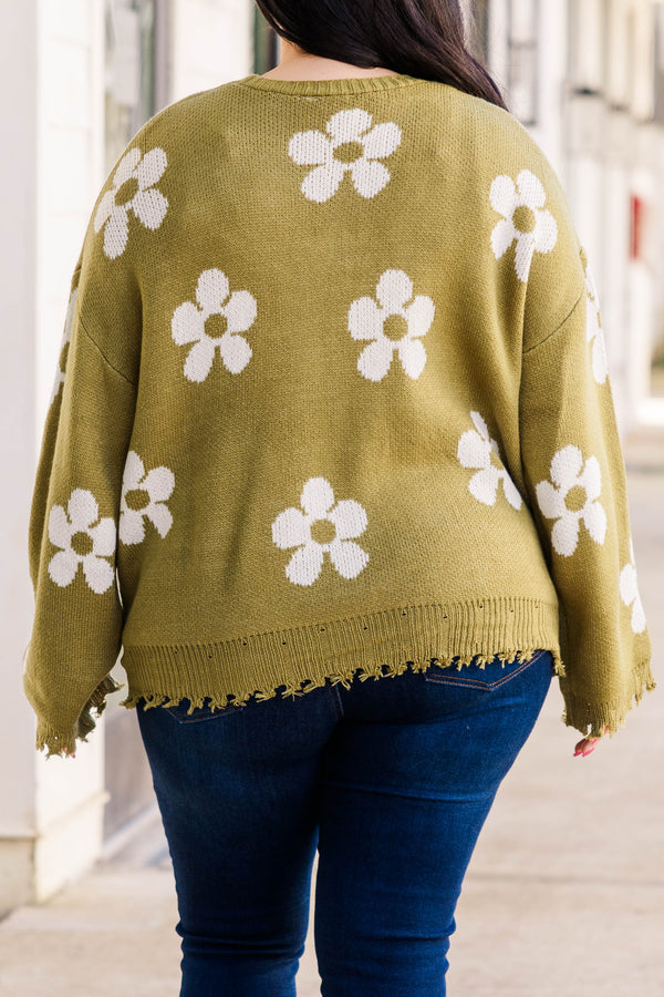 Chic Soul plus size clothing, olive green knitted button down cardigan with white floral pattern and distressed hemline