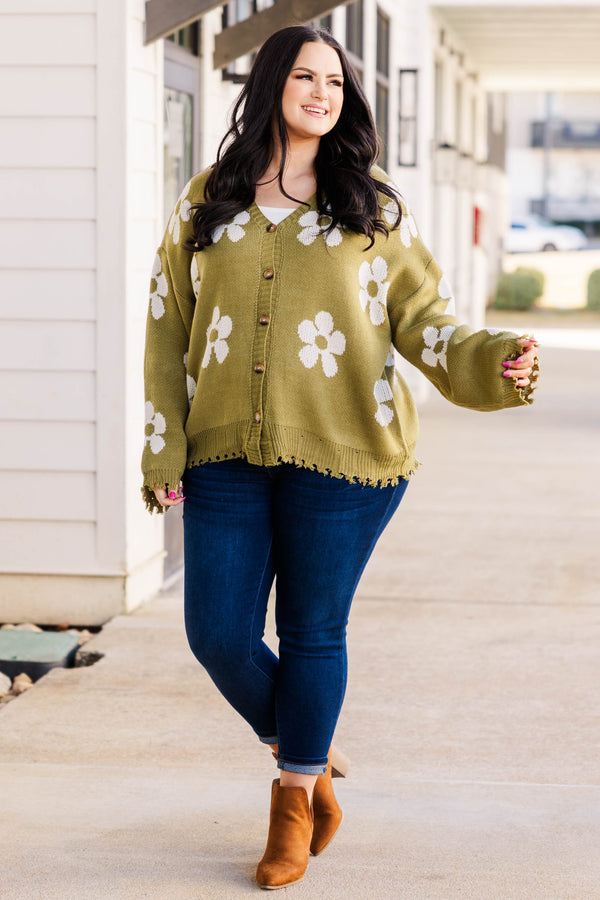 Chic Soul plus size clothing, olive green knitted button down cardigan with white floral pattern and distressed hemline