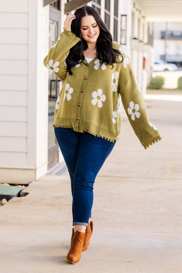 Chic Soul plus size clothing, olive green knitted button down cardigan with white floral pattern and distressed hemline