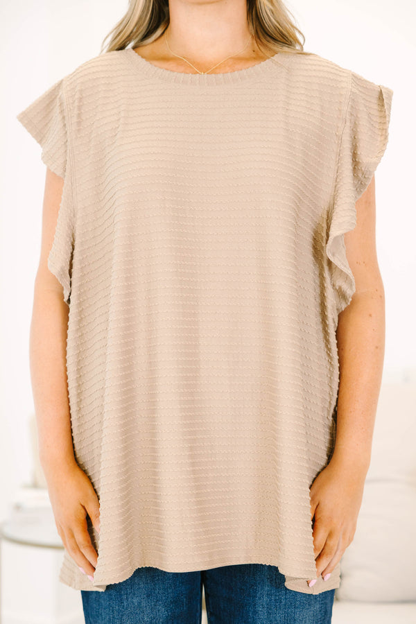Chic Soul plus size clothing, brown flutter short sleeve top with thin textured horizontal stripes