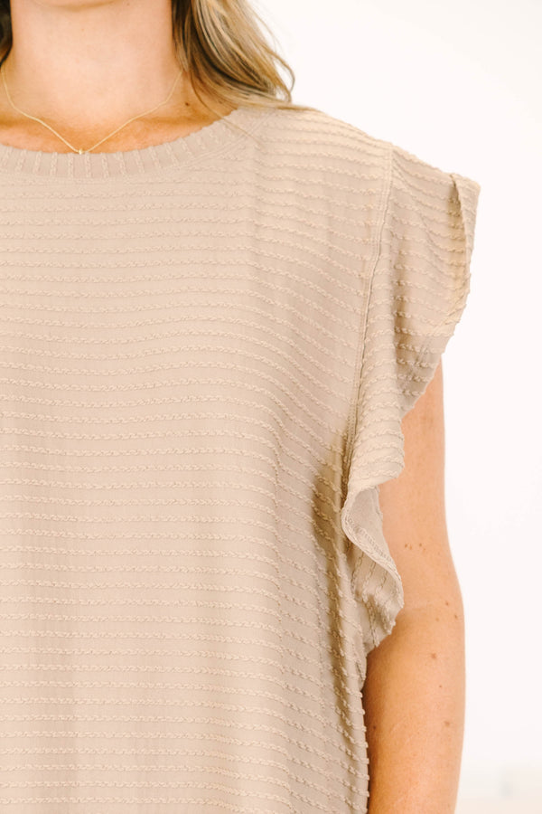 Chic Soul plus size clothing, brown flutter short sleeve top with thin textured horizontal stripes