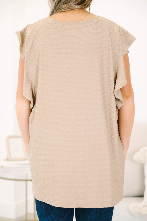 Chic Soul plus size clothing, brown flutter short sleeve top with thin textured horizontal stripes