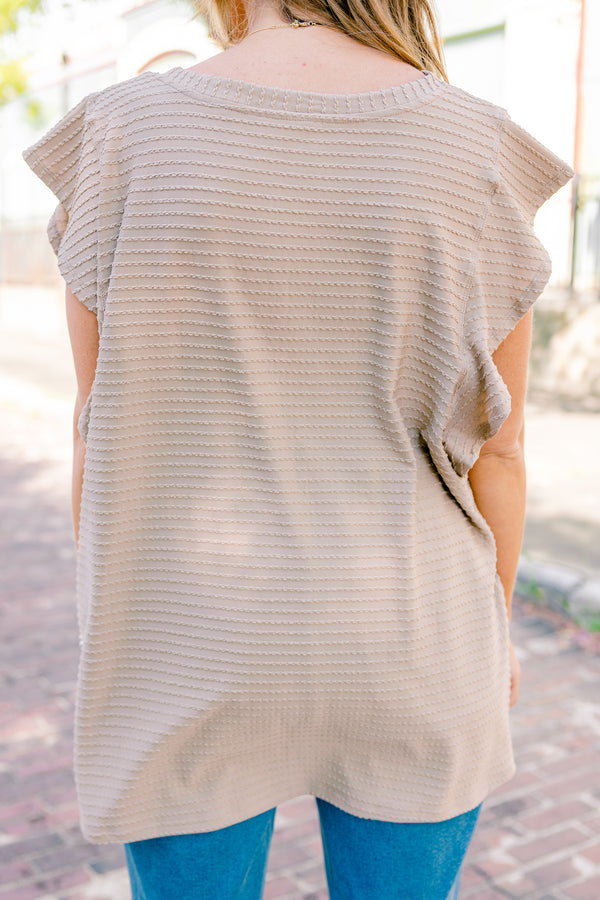 Chic Soul plus size clothing, brown flutter short sleeve top with thin textured horizontal stripes