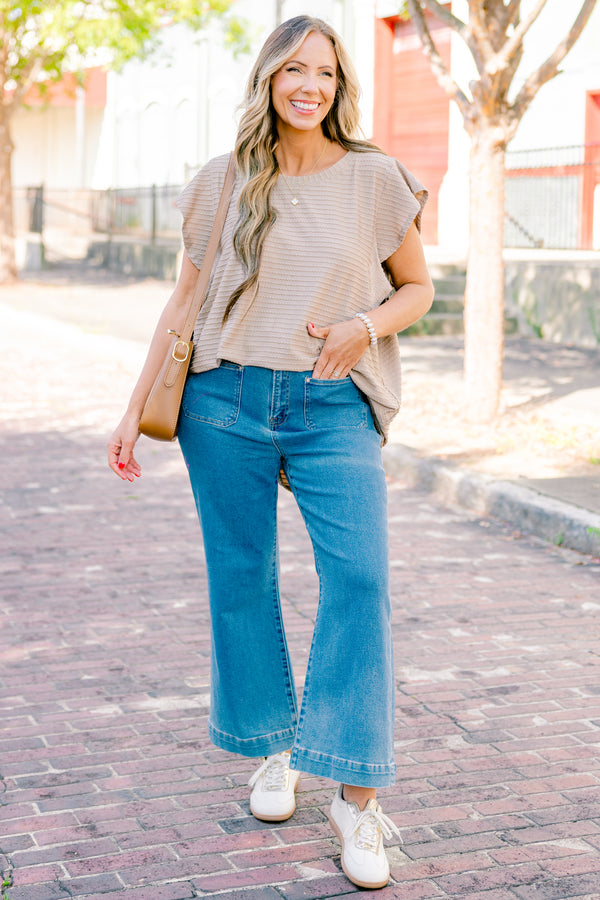 Chic Soul plus size clothing, brown flutter short sleeve top with thin textured horizontal stripes
