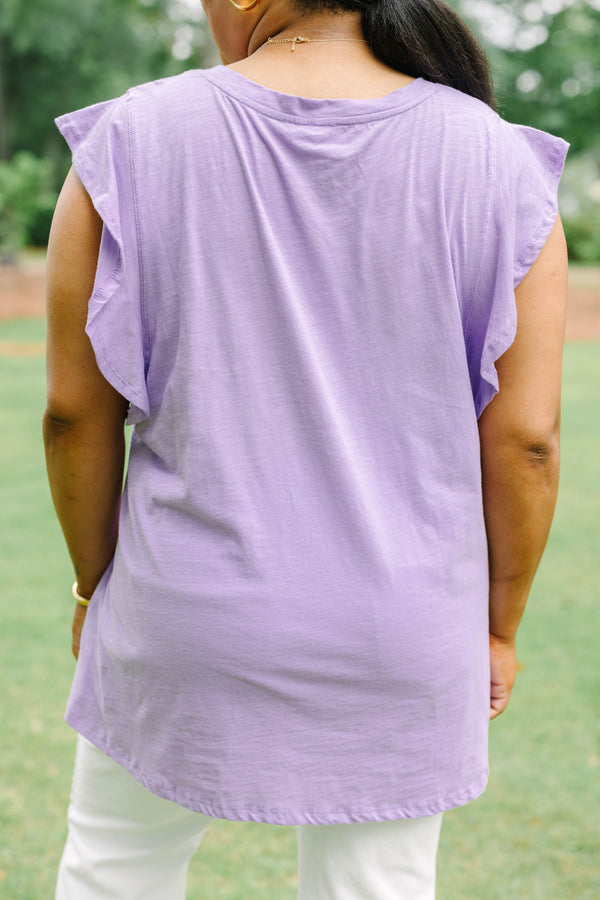Plus Size lavender sleeveless top with a crew neckline and ruffled shoulder details.