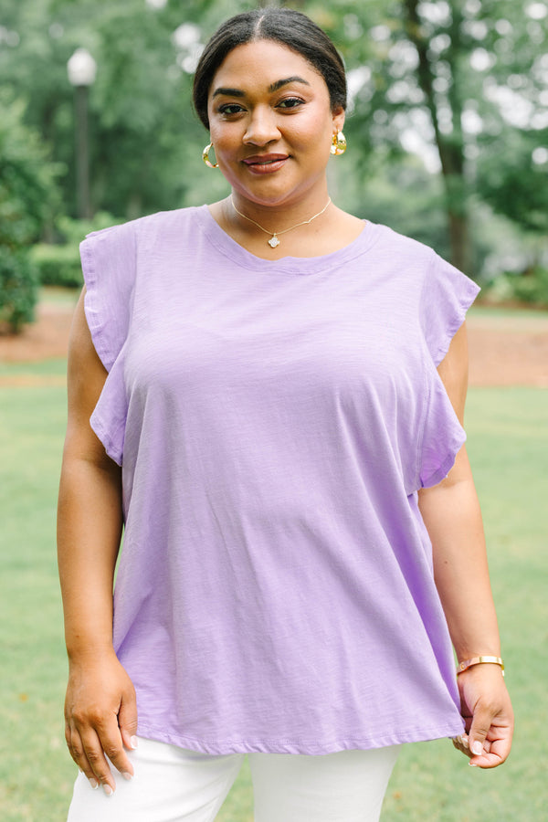 Plus Size lavender sleeveless top with a crew neckline and ruffled shoulder details.