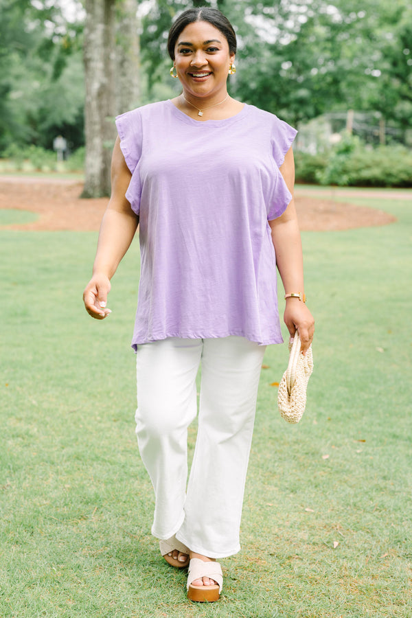 Plus Size lavender sleeveless top with a crew neckline and ruffled shoulder details.