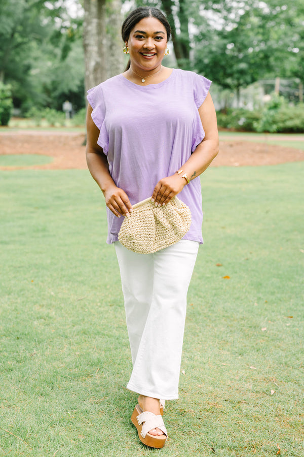 Plus Size lavender sleeveless top with a crew neckline and ruffled shoulder details.
