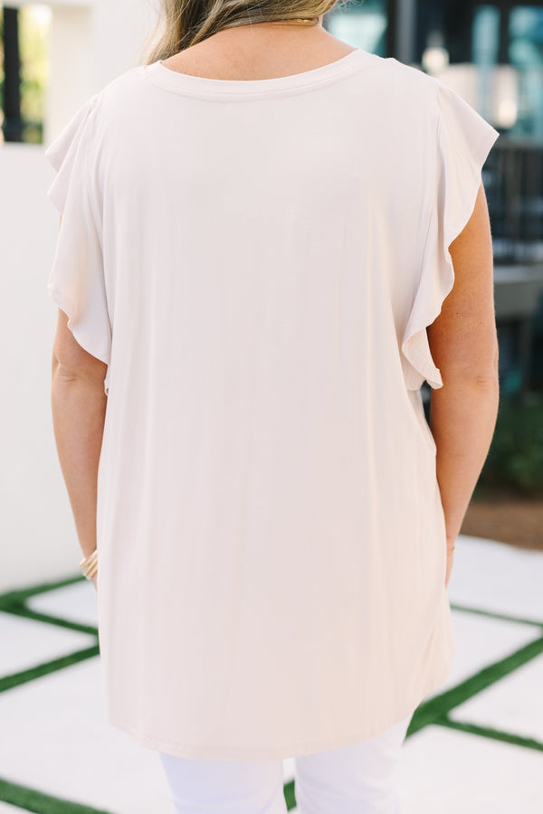 Chic Soul plus size clothing, light tan ruffle cap sleeve top