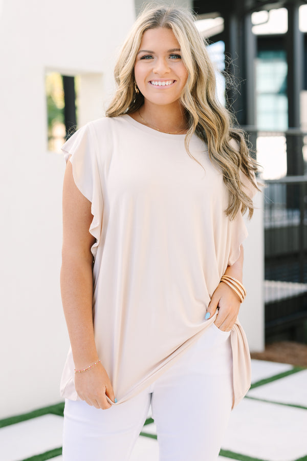 Chic Soul plus size clothing, light tan ruffle cap sleeve top