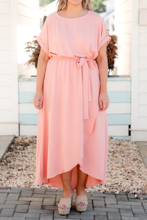 Chic Soul plus size clothing, mauve hi low dress with criss cross hemline and a tie at waist