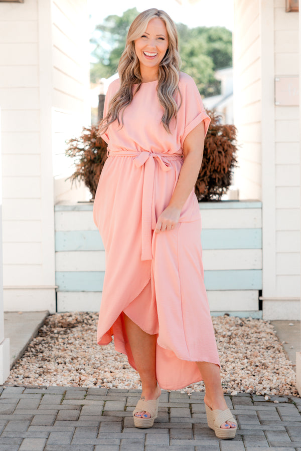 Chic Soul plus size clothing, mauve hi low dress with criss cross hemline and a tie at waist