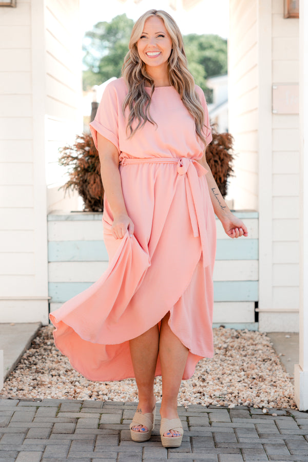 Chic Soul plus size clothing, mauve hi low dress with criss cross hemline and a tie at waist