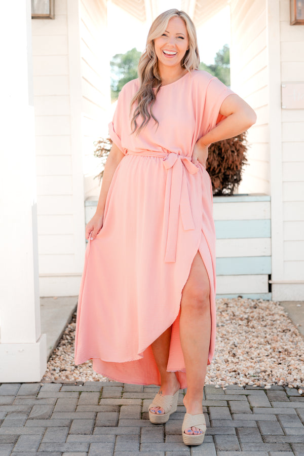 Chic Soul plus size clothing, mauve hi low dress with criss cross hemline and a tie at waist