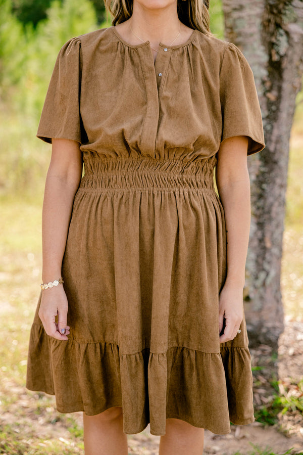 Chic Soul plus size clothing, dark tan corduroy short sleeve v neckline dress that cinches at the waist 