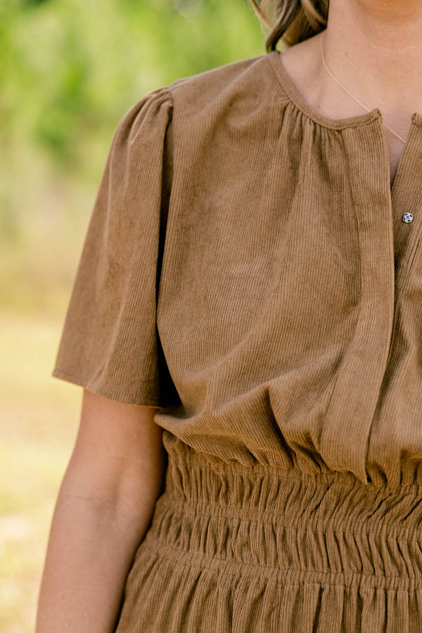 Chic Soul plus size clothing, dark tan corduroy short sleeve v neckline dress that cinches at the waist 