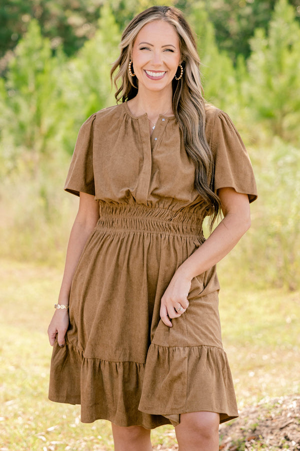 Chic Soul plus size clothing, dark tan corduroy short sleeve v neckline dress that cinches at the waist 