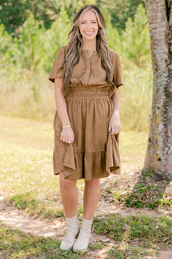 Chic Soul plus size clothing, dark tan corduroy short sleeve v neckline dress that cinches at the waist 