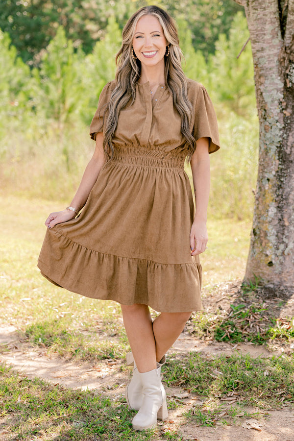 Chic Soul plus size clothing, dark tan corduroy short sleeve v neckline dress that cinches at the waist 