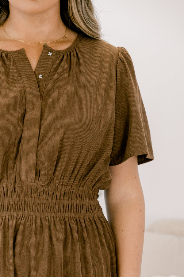 Chic Soul plus size clothing, dark brown short sleeve short dress with button closure at the top and cinched waist