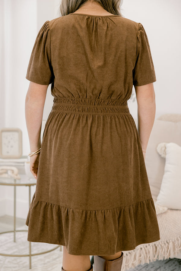 Chic Soul plus size clothing, dark brown short sleeve short dress with button closure at the top and cinched waist