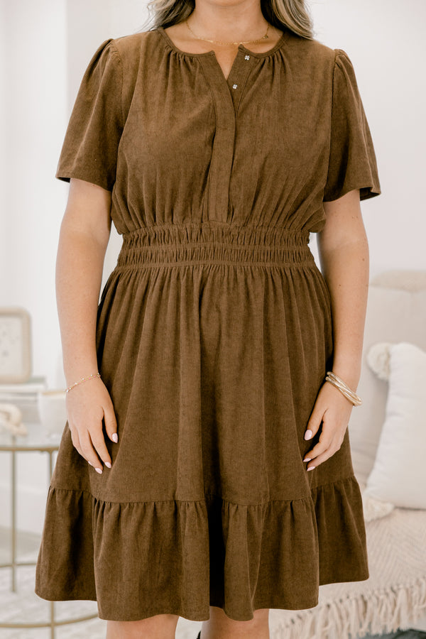 Chic Soul plus size clothing, dark brown short sleeve short dress with button closure at the top and cinched waist