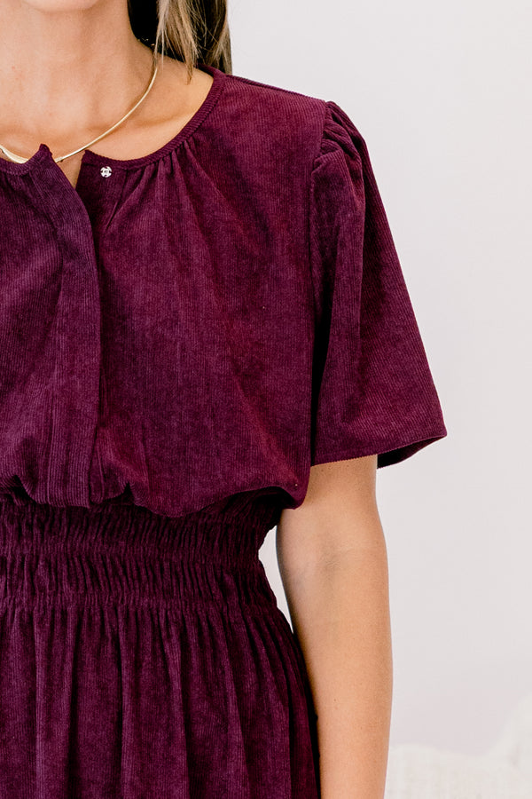 Chic Soul plus size clothing, dark purple short sleeve short dress with cinching at the waist