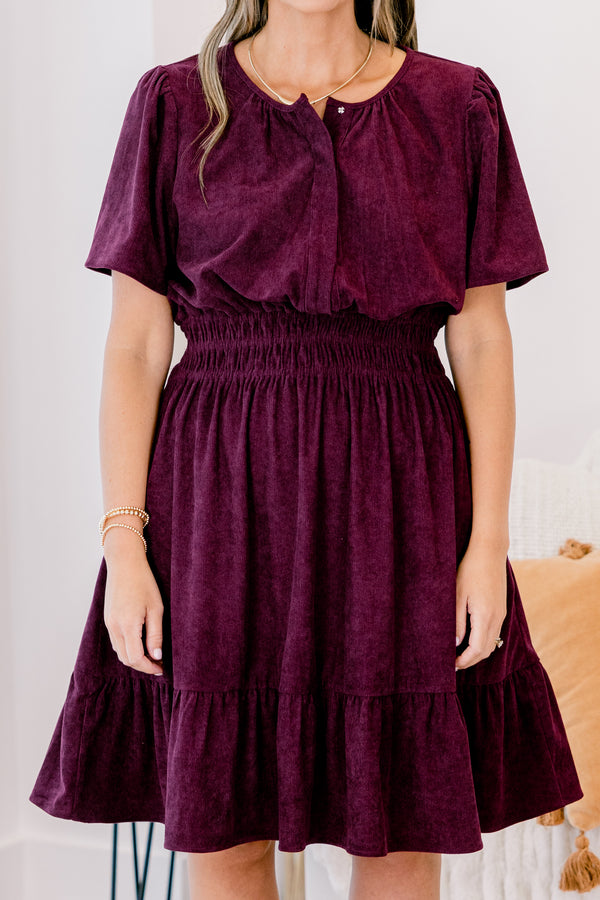 Chic Soul plus size clothing, dark purple short sleeve short dress with cinching at the waist