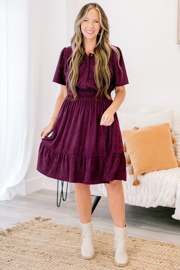Chic Soul plus size clothing, dark purple short sleeve short dress with cinching at the waist
