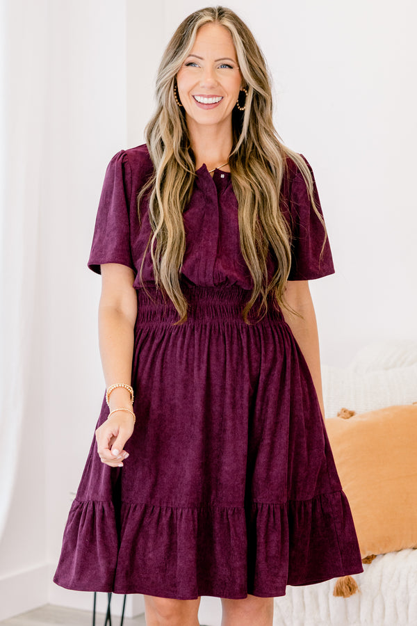 Chic Soul plus size clothing, dark purple short sleeve short dress with cinching at the waist