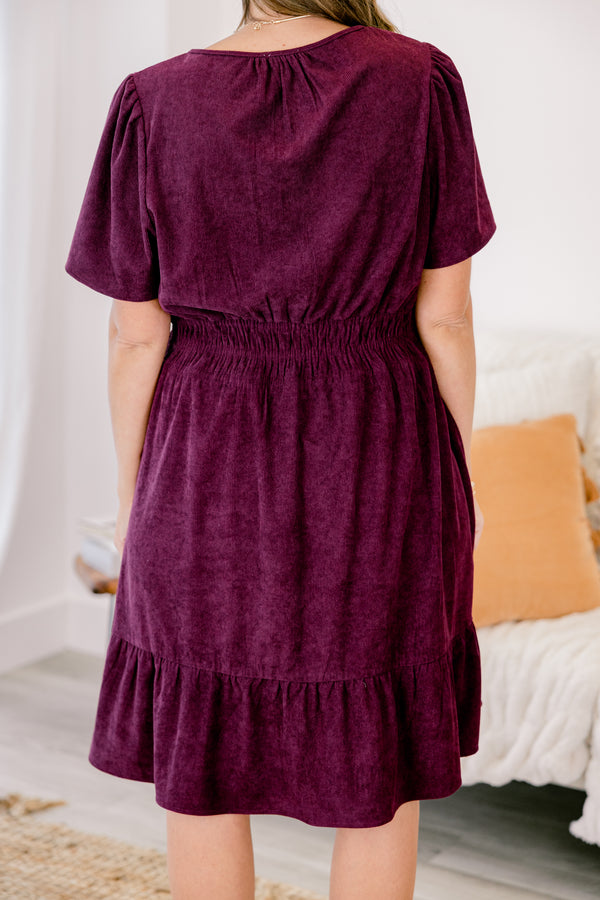 Chic Soul plus size clothing, dark purple short sleeve short dress with cinching at the waist