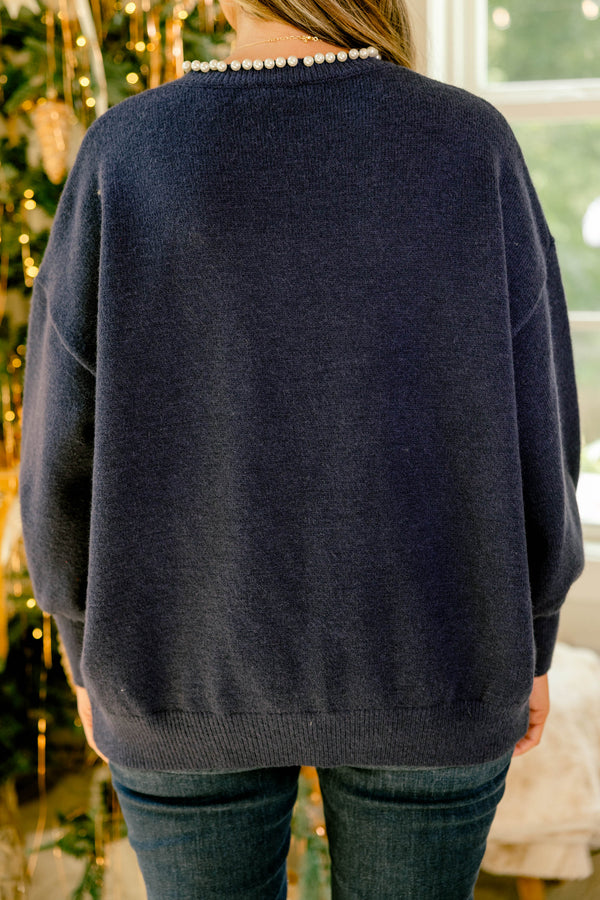 Chic Soul plus size clothing, navy long balloon sleeve cardigan with pearls lining the sides and a single clasp at the neckline