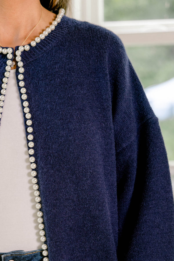 Chic Soul plus size clothing, navy long balloon sleeve cardigan with pearls lining the sides and a single clasp at the neckline