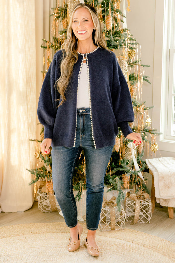 Chic Soul plus size clothing, navy long balloon sleeve cardigan with pearls lining the sides and a single clasp at the neckline