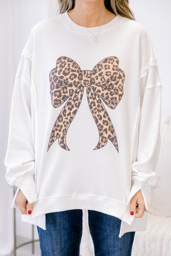 Chic Soul plus size clothing, white long sleeve crew neck sweatshirt with a leopard print bow graphic
